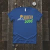 Blue t-shirt with "Mountain Dude" text and mountain graphic, perfect for hikers and outdoor lovers