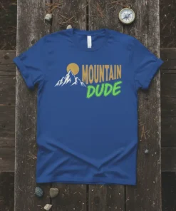 Blue t-shirt with "Mountain Dude" text and mountain graphic, perfect for hikers and outdoor lovers