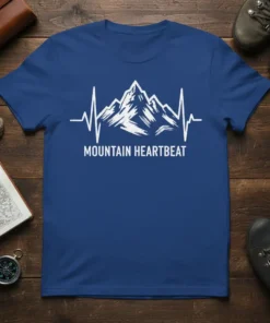 Mountain Heartbeat t-shirt design featuring a mountain range integrated into a heartbeat EKG line in white text and graphic