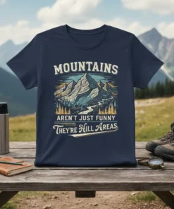 Mountains Aren't Just Funny They're Hill Areas quote on a navy t-shirt with a mountain landscape graphic