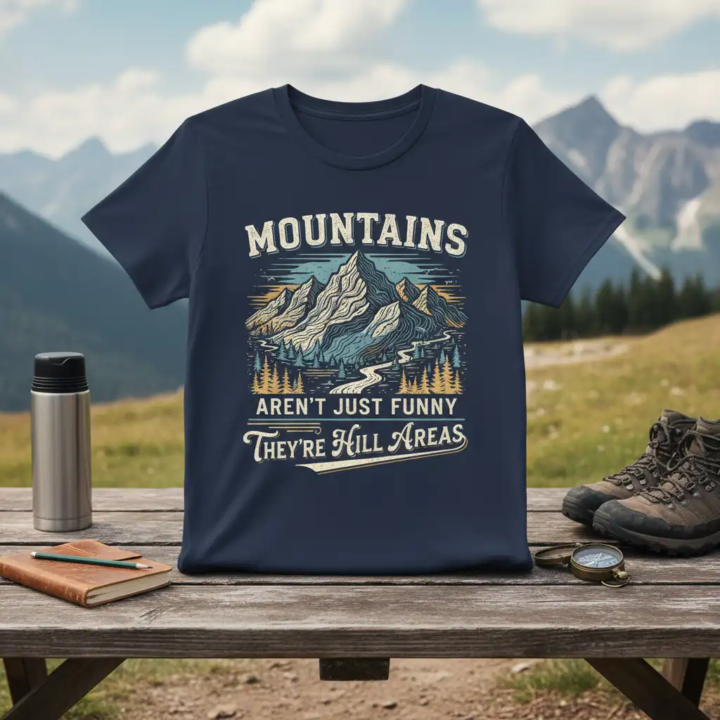 Mountains Aren't Just Funny They're Hill Areas humorous quote design with mountain graphic on a navy shirt
