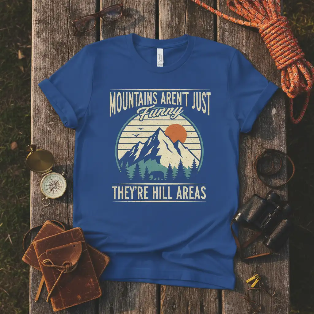 Mountains Aren't Just Funny They're Hill Areas quote tee featuring a vintage mountain landscape graphic