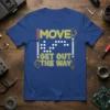 Blue t-shirt with "MOVE GET OUT THE WAY" text in yellow and white braille dots, flanked by white canes