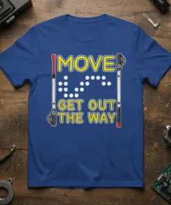 Blue t-shirt with "MOVE GET OUT THE WAY" text in yellow and white braille dots, flanked by white canes