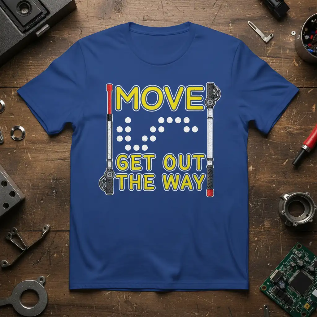 MOVE GET OUT THE WAY braille awareness design on a blue t-shirt with white canes graphic