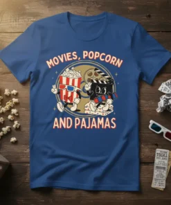 Movies, Popcorn And Pajamas text with cartoon popcorn and clapperboard characters on a blue t-shirt