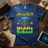 Moving Up To Middle School text with graduation cap and hot air balloon graphic on a navy t-shirt