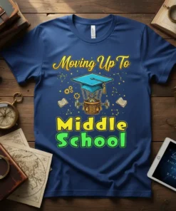 Moving Up To Middle School text with graduation cap and hot air balloon graphic on a navy t-shirt