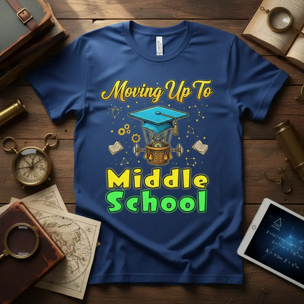 Moving Up To Middle School text design with graduation cap and hot air balloon graphic