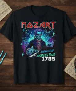Mozart Amadeus Tour 1785 T-Shirt featuring a skeleton playing a keyboard with neon accents and tour dates