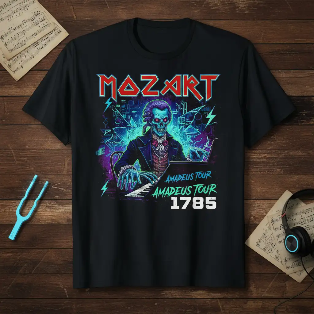 Mozart Amadeus Tour 1785 graphic tee with skeleton composer and neon music notes
