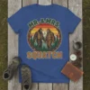 MR. & MRS. SQUATCH Bigfoot couple t-shirt design with retro sunset and mountains