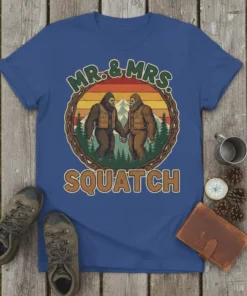 MR. & MRS. SQUATCH Bigfoot couple t-shirt design with retro sunset and mountains