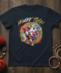 Muay Thai Unicorn T-Shirt design featuring a rainbow-maned unicorn in fighting stance with boxing gloves and the text "MUAY THAI"