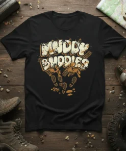 Muddy Buddies text design with boot prints and mud splatters, perfect for off-roading enthusiasts