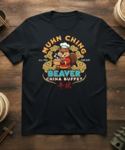 Black t-shirt with "Muhn Ching All You Can Eat Beaver China Buffet" text and a cartoon beaver chef holding a