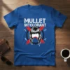 Mullet Intolerant funny haircut quote t-shirt design with a vintage mullet graphic, scissors, and comb