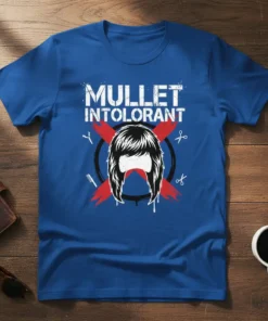 Mullet Intolerant funny haircut quote t-shirt design with a vintage mullet graphic, scissors, and comb