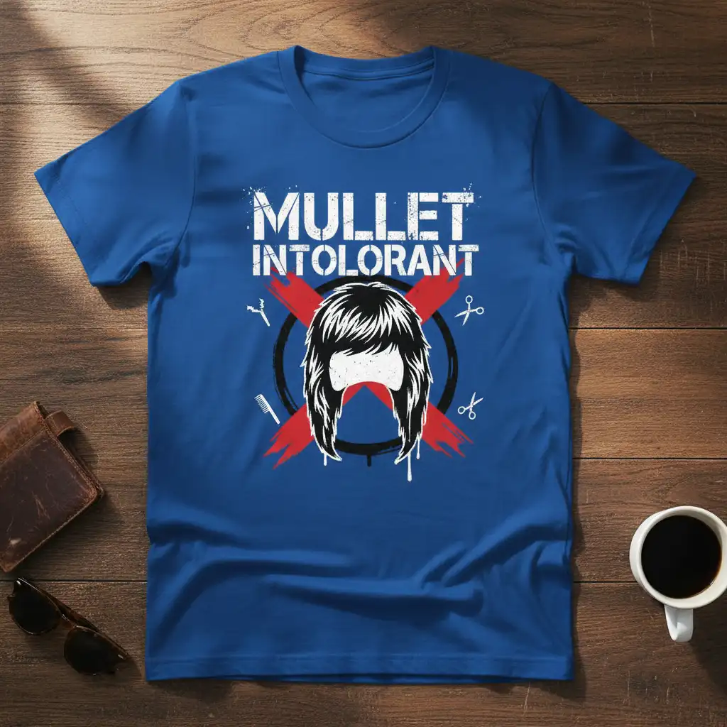 Mullet Intolerant funny t-shirt design featuring a retro mullet graphic, scissors, and barber comb