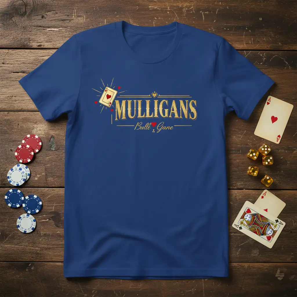 Mulligans Bull & Gone text design with playing card and dice graphics on a royal blue t-shirt