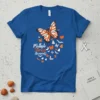 Multiple Sclerosis Awareness butterfly design with orange ribbon and small butterflies, printed on a blue t-shirt