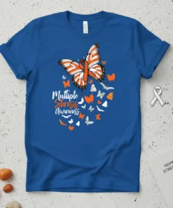 Multiple Sclerosis Awareness butterfly design with orange ribbon and small butterflies, printed on a blue t-shirt