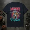 Murder Yoga T-Shirt design with two skeletons in a yoga pose, bold text, and circuit board background