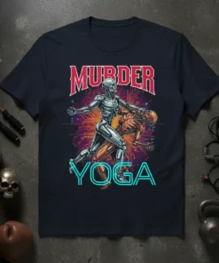 Murder Yoga T-Shirt design with two skeletons in a yoga pose, bold text, and circuit board background