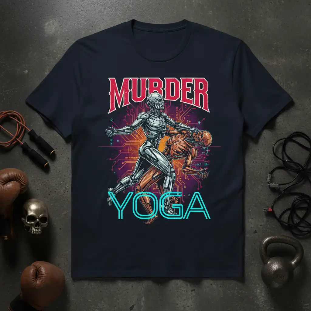 Murder Yoga T-Shirt featuring skeletons in a fierce yoga pose with neon text and digital circuit background