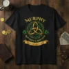 Black t-shirt with "Murphy Roguery & Mischief Since the Middle Ages" text and Celtic knot design, featuring shamrocks