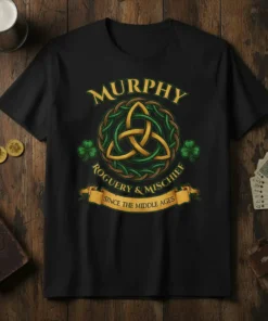Black t-shirt with "Murphy Roguery & Mischief Since the Middle Ages" text and Celtic knot design, featuring shamrocks