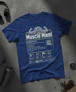 Muscle Mami graphic t-shirt with fitness ingredients and icons, primary keyword Muscle Mami