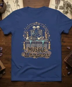 Muscle Whisperer T-Shirt featuring a gothic design with skeletons, candles, and mystical elements, perfect for gym lovers