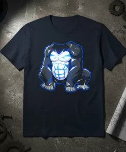 Muscular gorilla with defined abs and blue accents on a dark t-shirt, representing the Muscular Gorilla Abs design