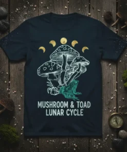 Mushroom and toad illustration with lunar cycle phases on a dark t-shirt, featuring text "MUSHROOM & TOAD LUNAR CYCLE"