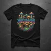 Black t-shirt with vibrant, colorful psychedelic mushroom art featuring the word MUSHROOMS in decorative lettering