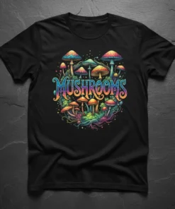 Black t-shirt with vibrant, colorful psychedelic mushroom art featuring the word MUSHROOMS in decorative lettering