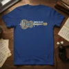 Music Is Life text with a decorative guitar and heartbeat graphic on a navy t-shirt