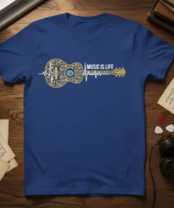 Music Is Life text with a decorative guitar and heartbeat graphic on a navy t-shirt