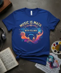 T-shirt with the quote "MUSIC IS MATH WITH FEELINGS" in golden text, surrounded by musical notes and mathematical symbols