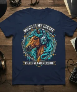 T-shirt with "Music Is My Escape Rhythm And Reverie" text and a horse wearing headphones graphic