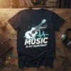 Music Is My Heartbeat T-Shirt with acoustic guitar and heartbeat graphic, music notes design