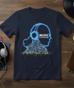 T-shirt with "Music Is My Sanctuary" text inside a silhouette wearing headphones, filled with musical notes