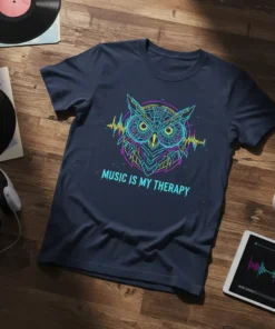 Music Is My Therapy t-shirt with a neon-outlined owl and sound wave graphic