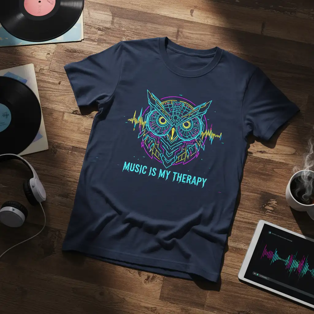 Neon owl with sound waves graphic on Music Is My Therapy t-shirt