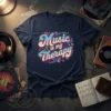 Retro "Music is my Therapy" quote t-shirt design with colorful, wavy typography and musical notes