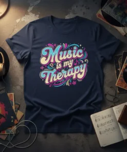 Retro "Music is my Therapy" quote t-shirt design with colorful, wavy typography and musical notes