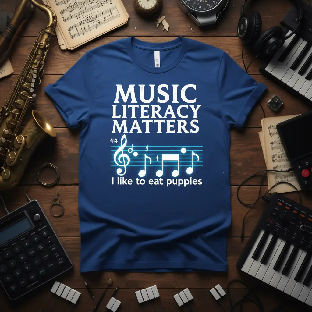 MUSIC LITERACY MATTERS 44 quote printed with unique artwork on durable material t-shirt design