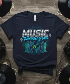 Music Turntable Legacy text with DJ turntable graphic, equalizer bars, and circuit board elements