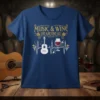 Music & Wine Heartbeat T-Shirt design with a heartbeat graphic, guitar, and wine glass